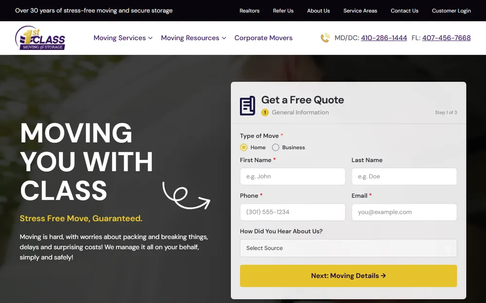 1st Class Moving and Storage homepage