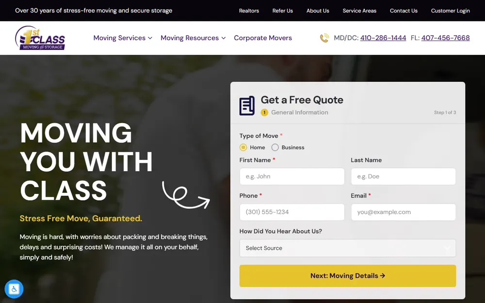 1st Class Moving and Storage homepage