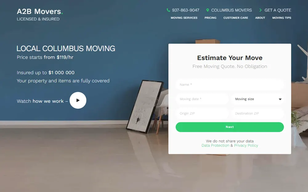 A2B Movers homepage
