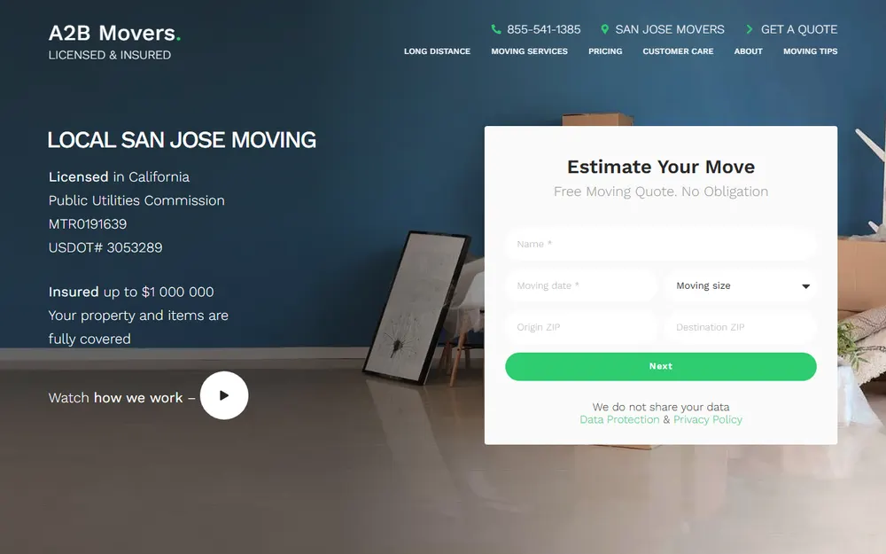 A2B Movers San Francisco homepage