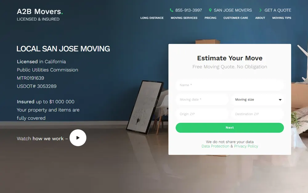 A2B Movers San Jose homepage
