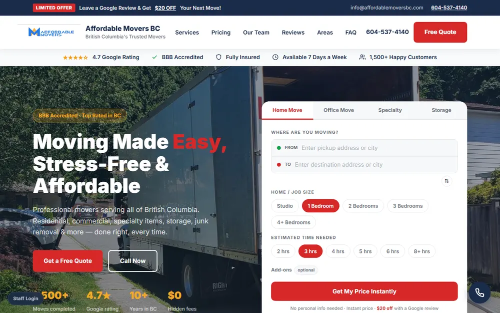 Affordable Movers BC homepage