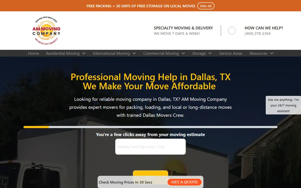 AM Moving Company Dallas homepage