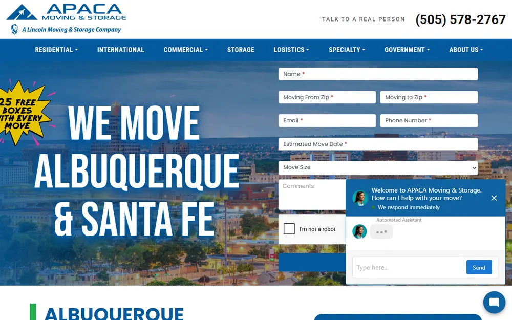 APACA Moving & Storage homepage