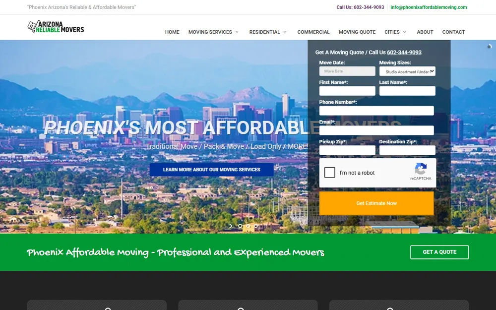 Arizona Reliable Movers homepage