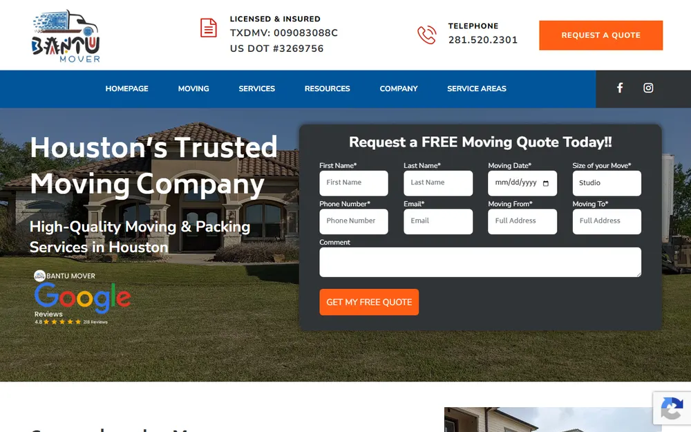 Bantu Mover moving company homepage