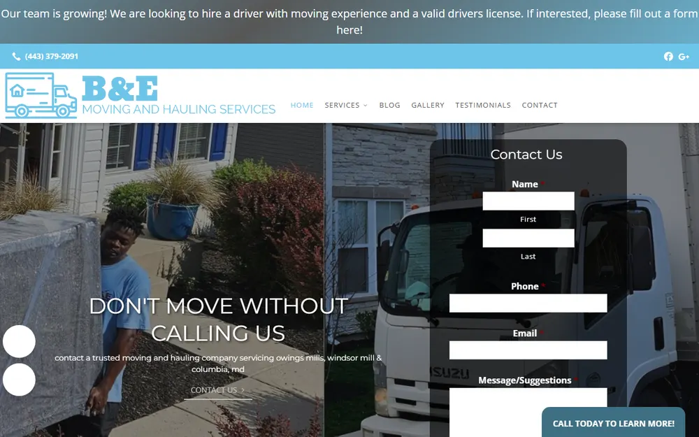 B&E Moving and Hauling services homepage