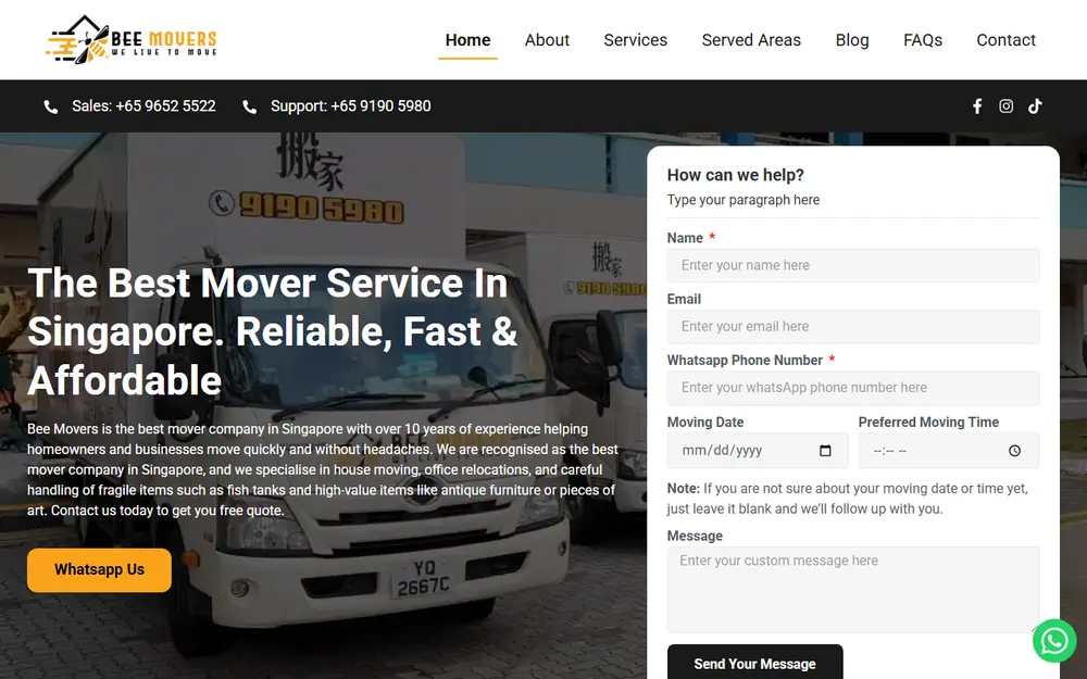 Bee Movers Pte Ltd homepage