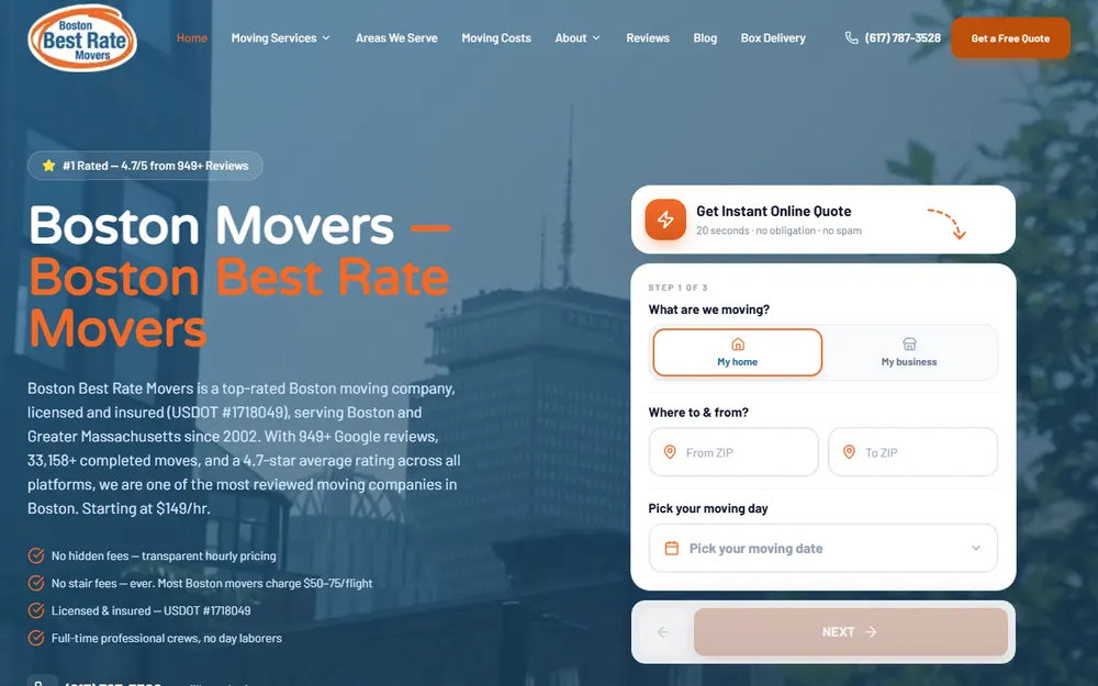 Boston Best Rate Movers homepage