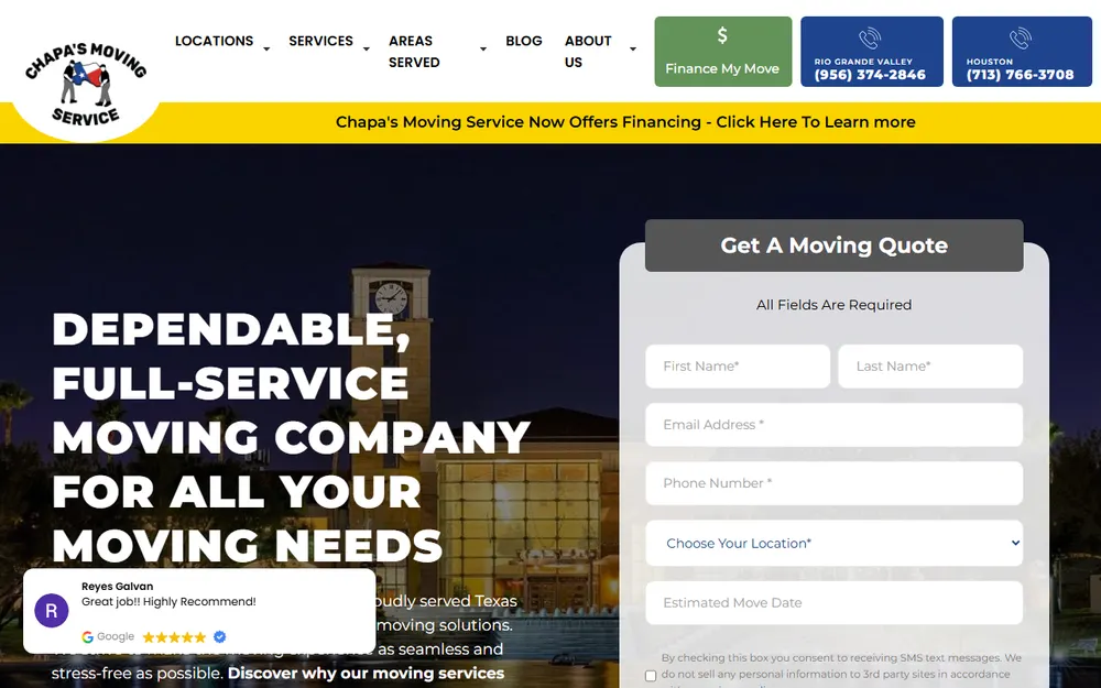 Chapa's Moving Service homepage