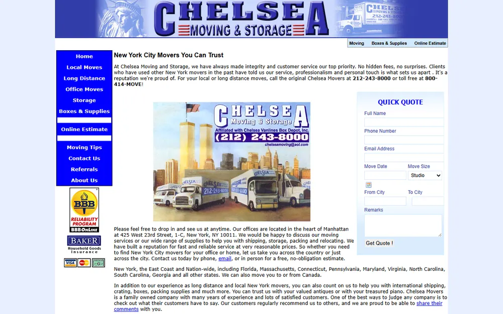 Chelsea Moving & Storage homepage