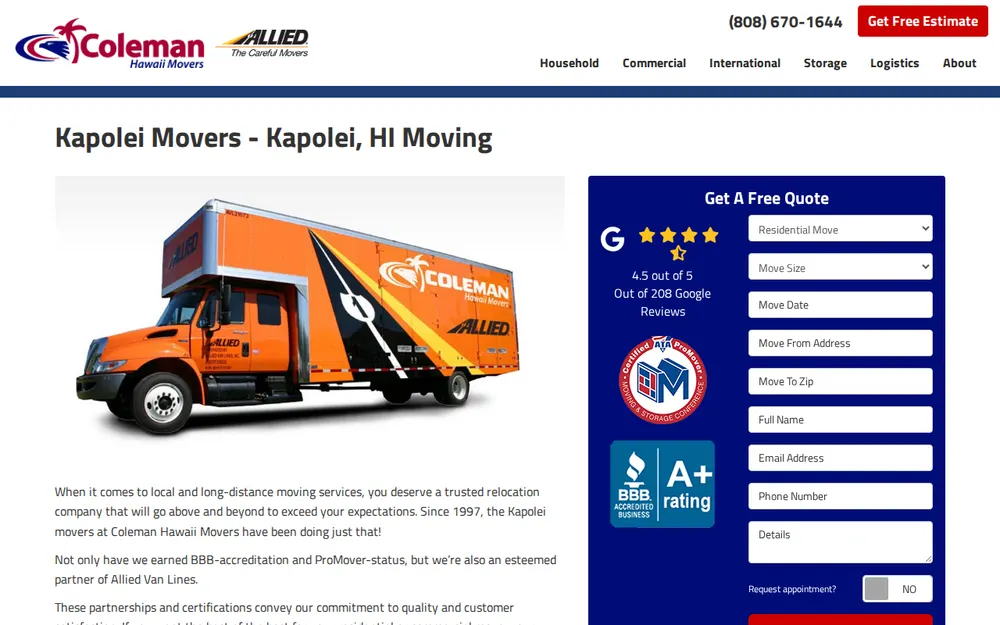 Coleman Hawaii Movers homepage