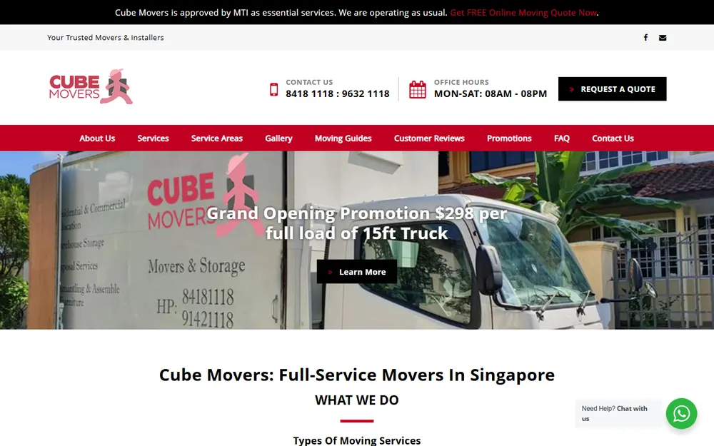 Cube Movers Pte Ltd homepage