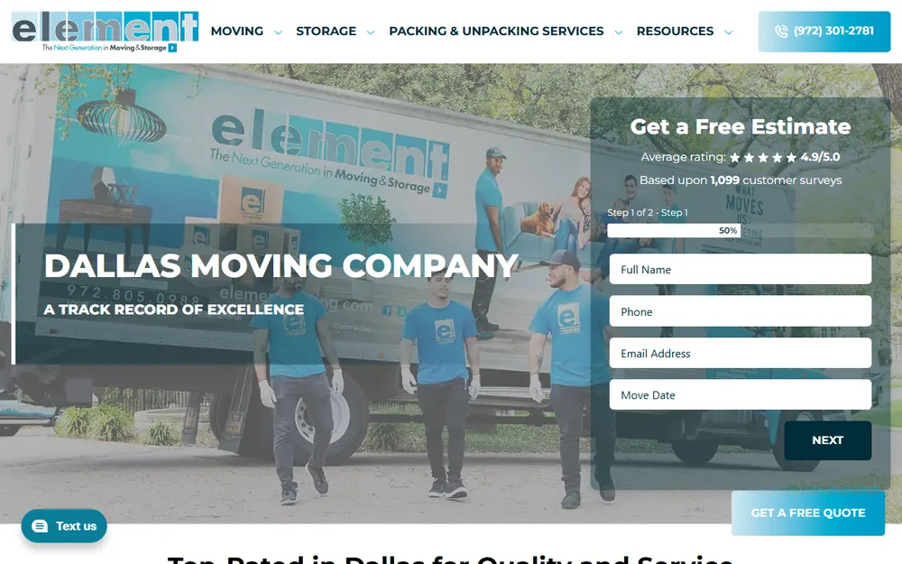 Element Moving and Storage Dallas Movers homepage