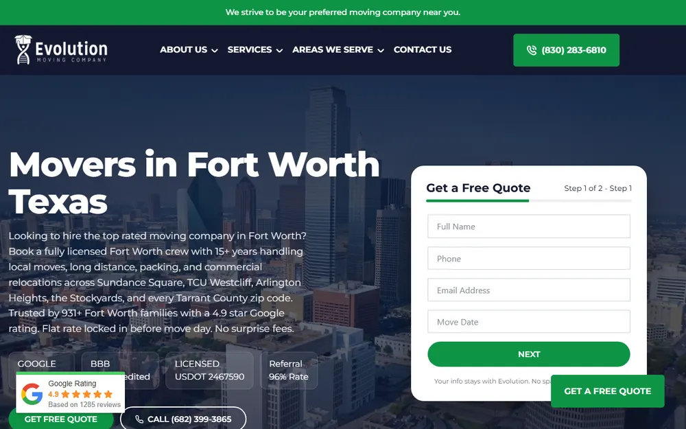 Evolution Moving Company homepage