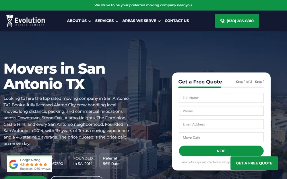 Evolution Moving Company San Antonio homepage