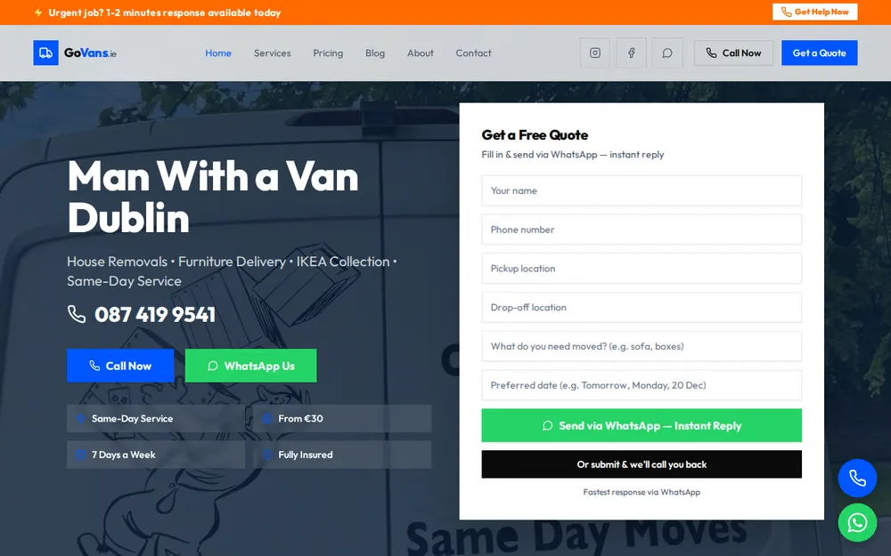 GoVans.ie provides Man With A Van, house removals, moving and delivery services across Dublin and Kildare homepage