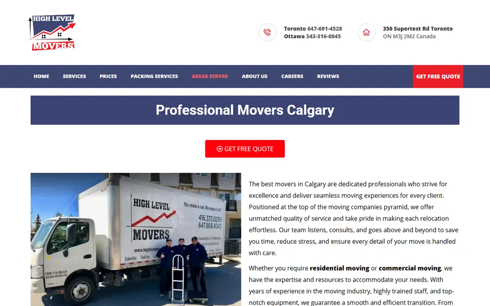 High Level Movers Calgary Moving Company homepage