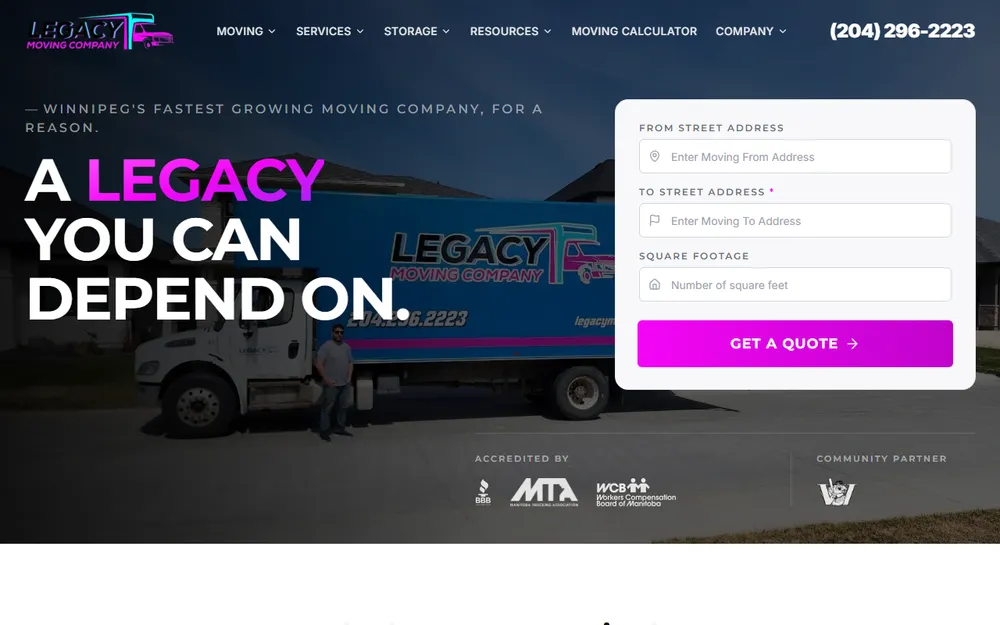 Legacy Moving Company homepage