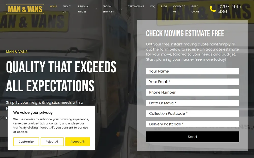 Man and Vans London homepage