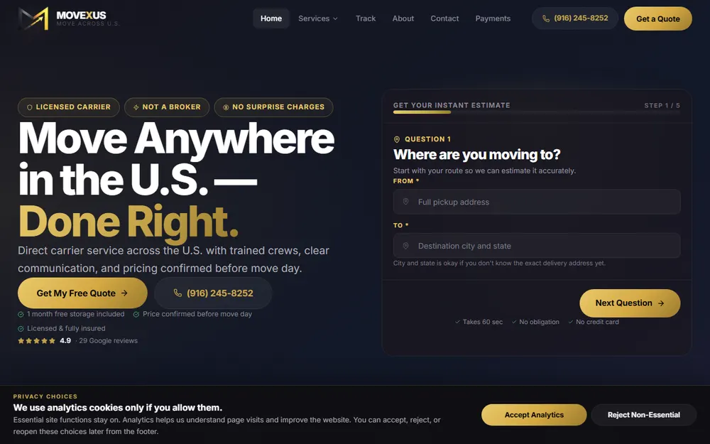 Movexus Moving Company homepage