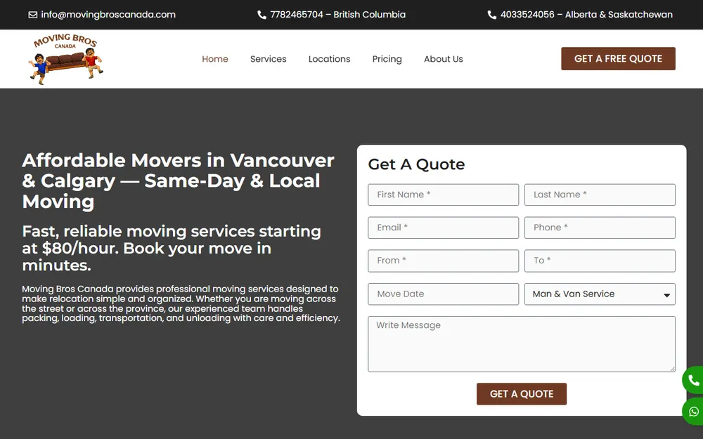 Moving Bros Canada homepage