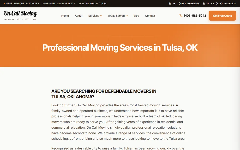 On Call Moving Company Tulsa homepage