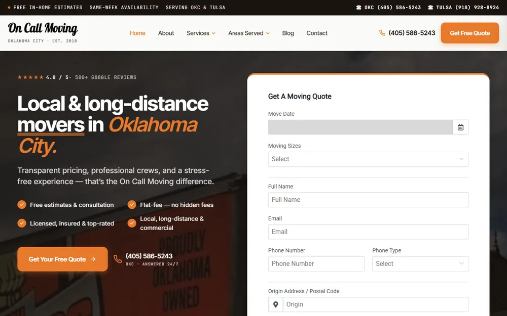 On Call Moving & Storage homepage