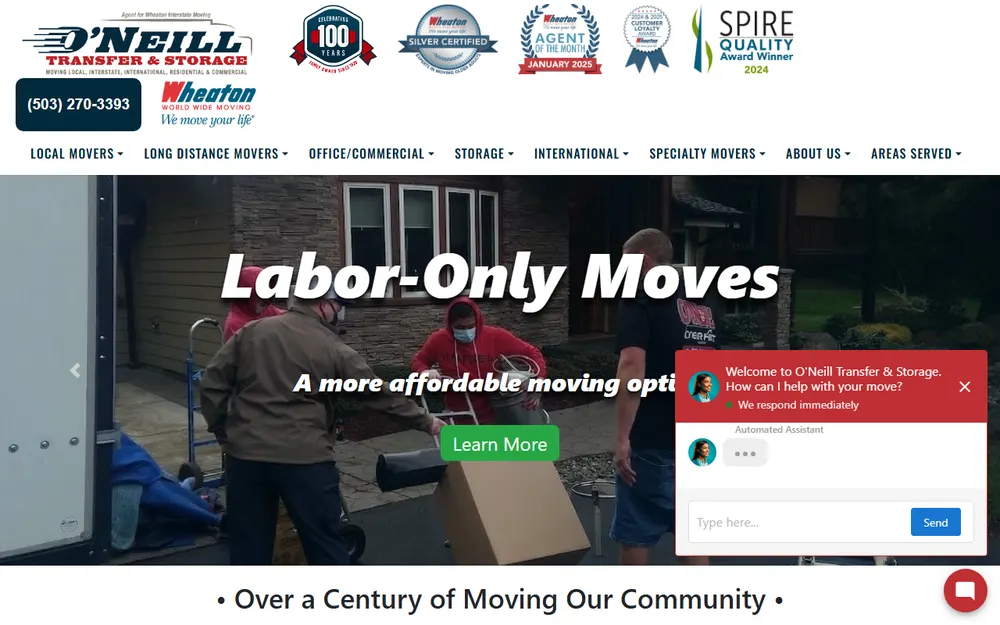 O'Neill transfer & Storage homepage