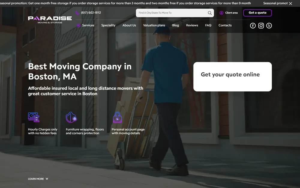 Paradise Moving and Storage Boston MA Local and Long Distance Moving Company LLC homepage