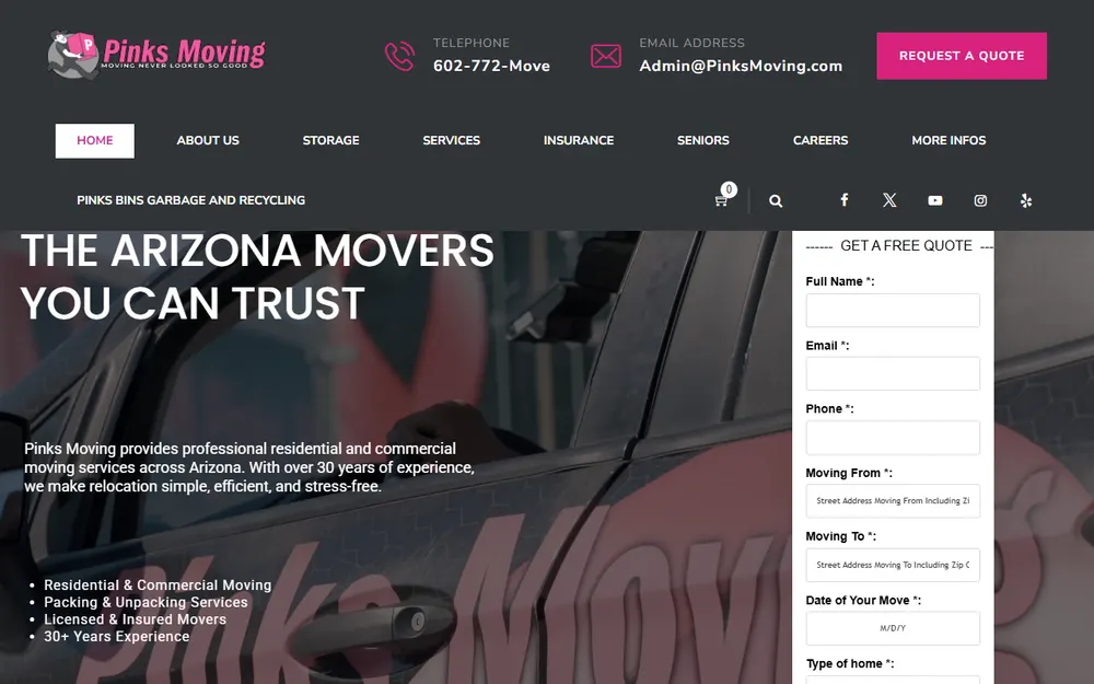 Pinks Moving homepage