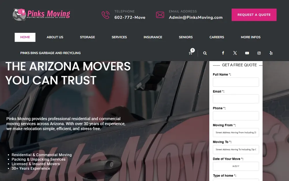 Pinks Moving homepage