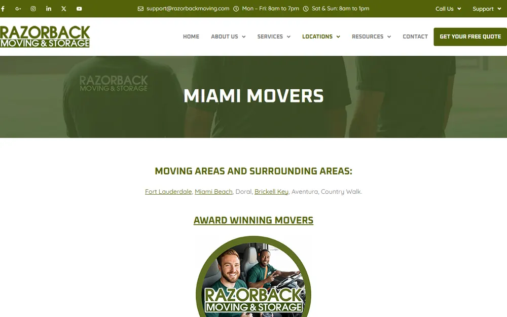 Razorback Moving Miami homepage