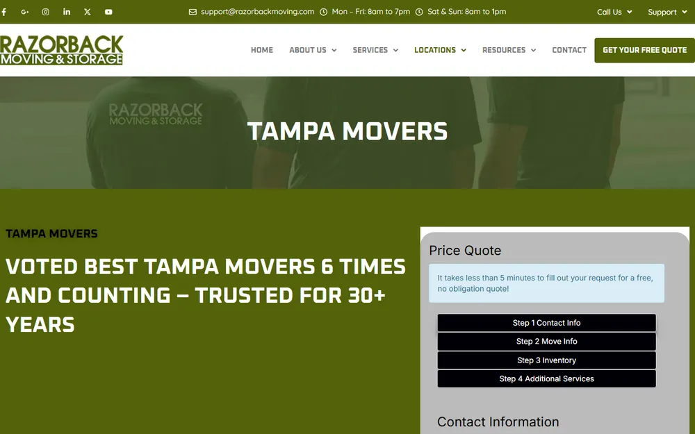Razorback Moving Tampa homepage