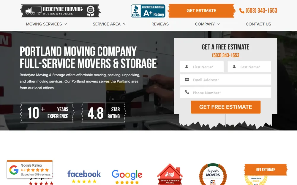 Redefyne Moving & Storage homepage