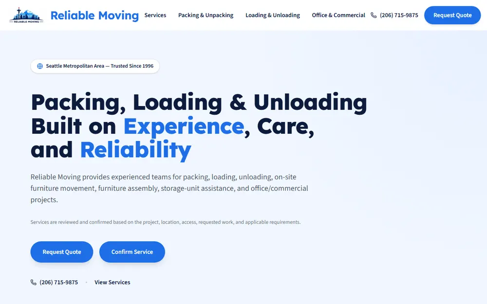 Reliable Moving homepage