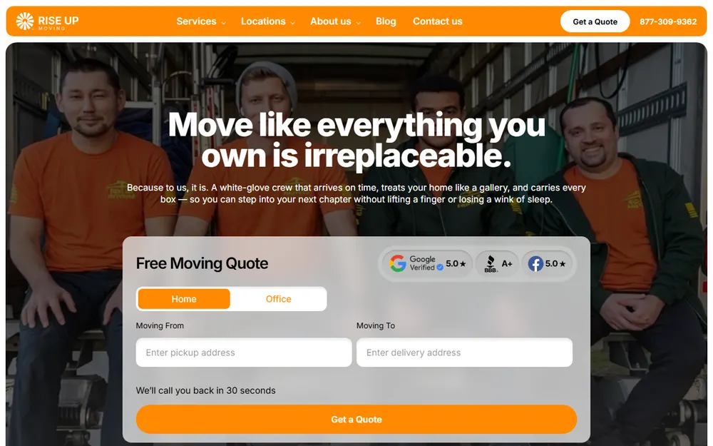 Rise Up Moving homepage