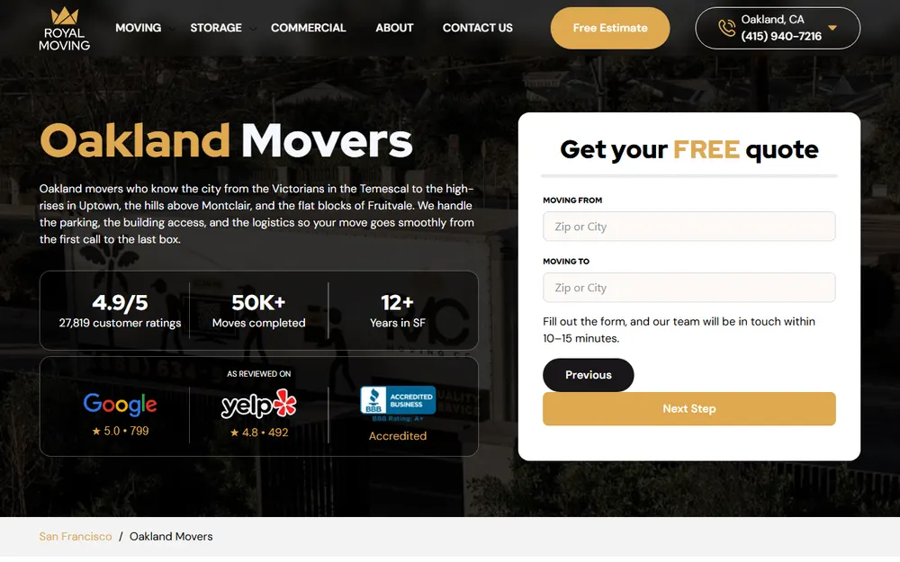 Royal Moving & Storage San Francisco homepage