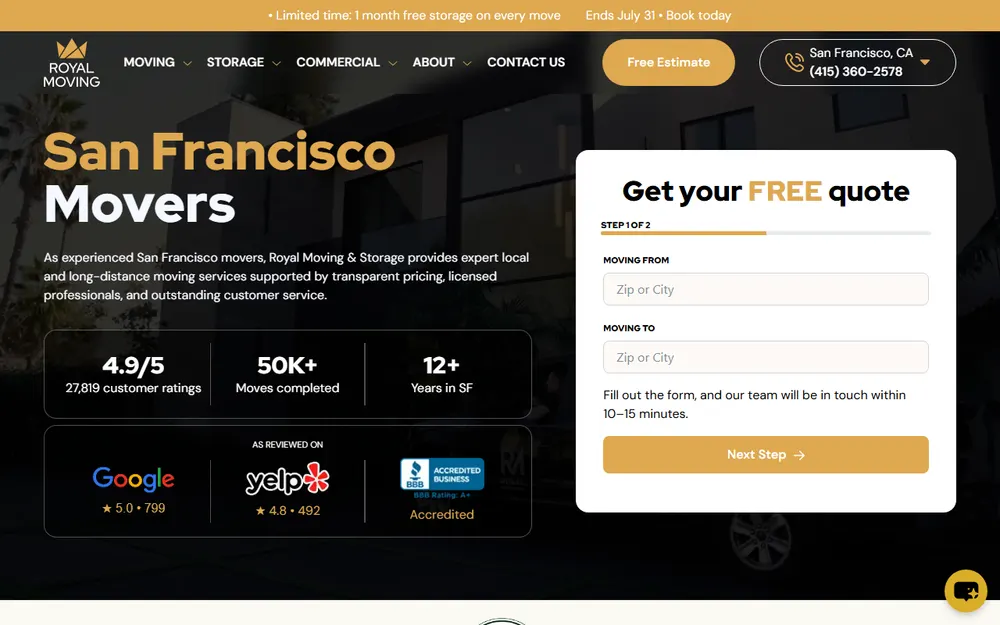 Royal Moving & Storage San Francisco homepage
