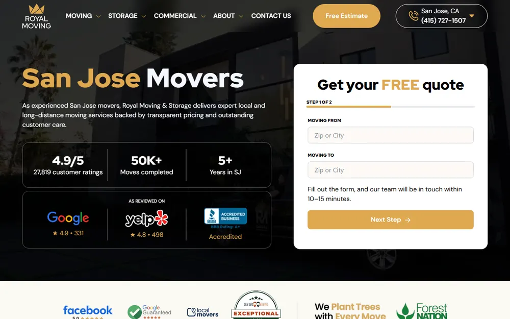 Royal Moving & Storage San Jose homepage