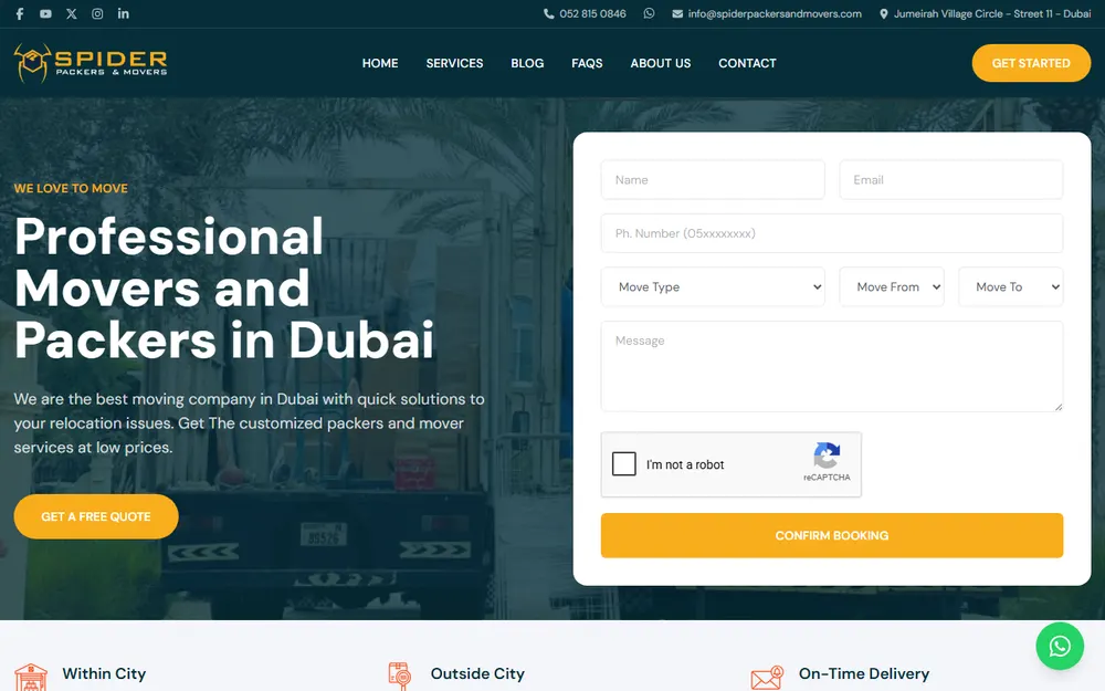 Spider Packers and Movers homepage