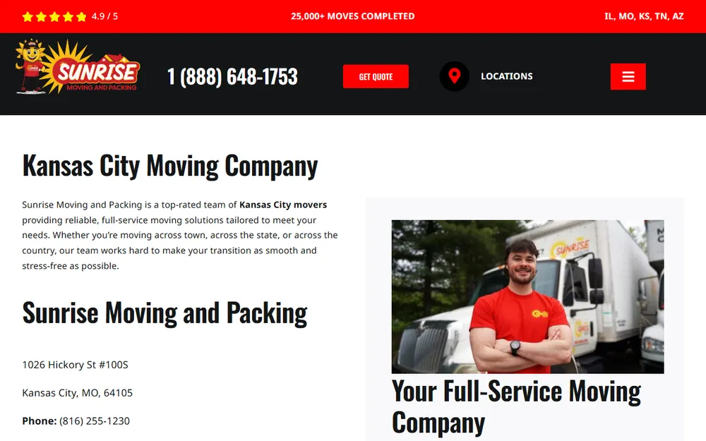 Sunrise Moving and Packing homepage