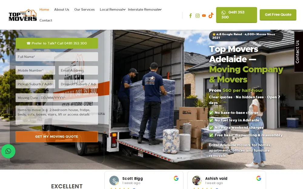 Top Movers Adelaide homepage