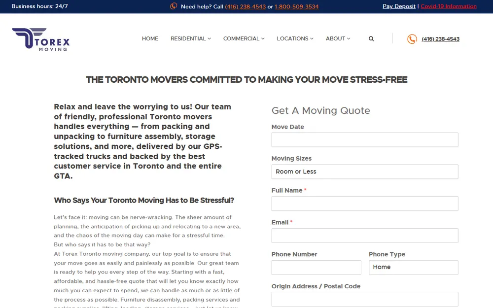 Torex Toronto Moving Company homepage