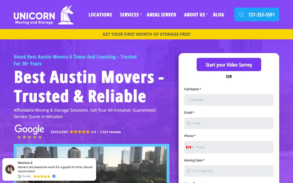 Unicorn Moving & Storage homepage
