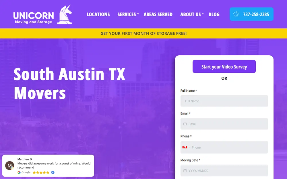 Unicorn Moving & Storage homepage