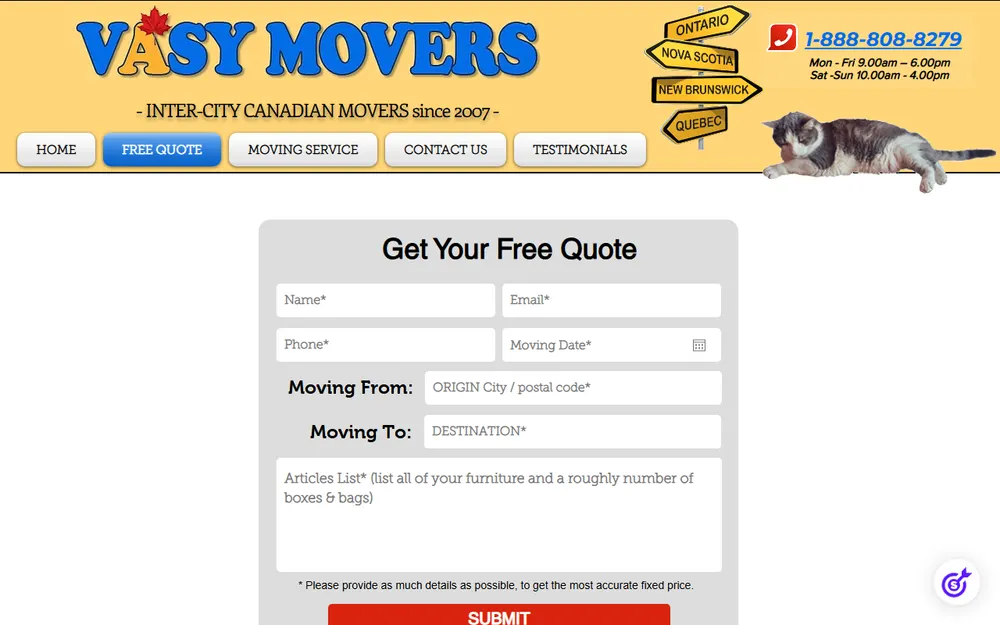 VASY MOVERS Toronto to QC NB NS PEI homepage