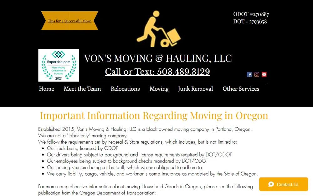 Von's Moving and Hauling, LLC homepage