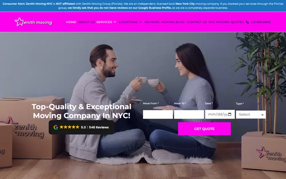 Zenith Moving NYC homepage